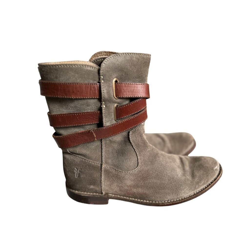 FRYE Shirley Olive Suede Short Strappy Bootie Boots Womens Size 8.5